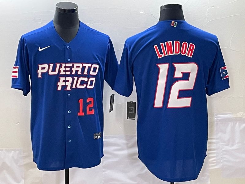 Men 2023 World Cub Puerto Rico #12 Lindor Blue Nike MLB Jersey->more jerseys->MLB Jersey